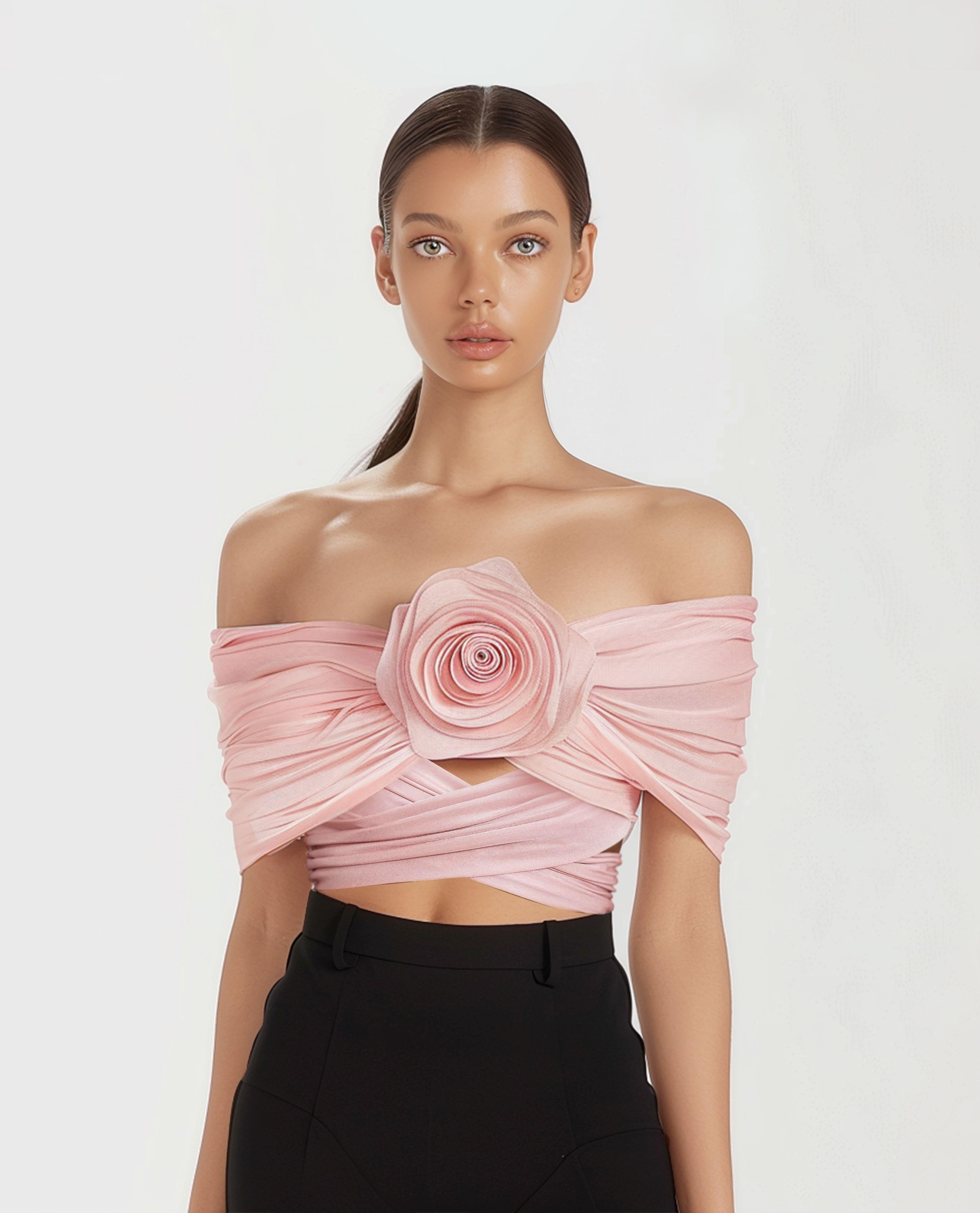 Flower appliqué wrap blouse in pink sold by JW PEI