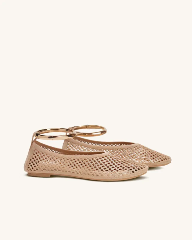 Gwyneth Metal Ring Fishnet Ballerina Flats - Apricot sold by JW PEI