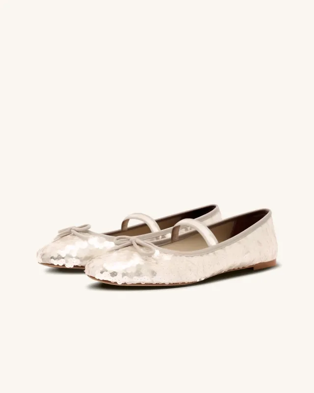Anne Sequin-embellished Bow Ballerina Flats - Ivory White made by JW PEI