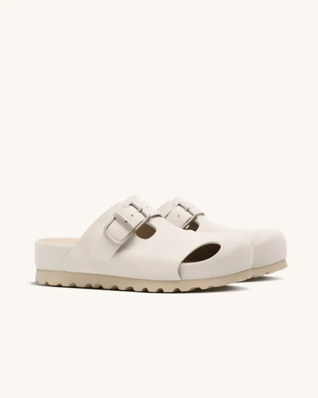 Olalla Buckle Flats Mules - Ivory White sold by JW PEI
