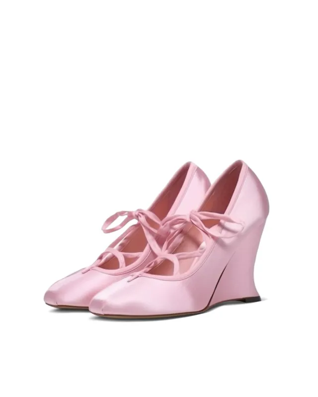 Satin Lace-up Wedge Pumps - Pink sold by JW PEI