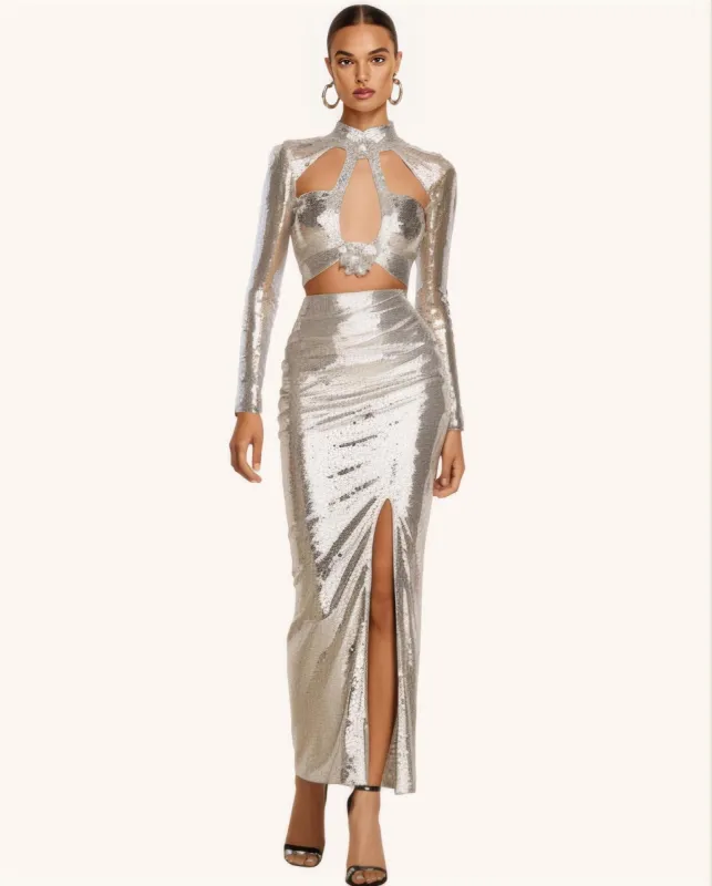 Christine Silver Sequined Midi Dress made by JW PEI