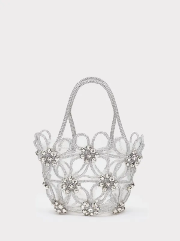 Faux Crystal Flower Woven Tote Bag - White sold by JW PEI