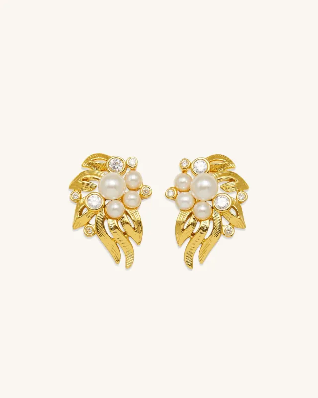 Flowers Earings - 18ct Gold Plated & White Zircon & Faux Pearls sold by JW PEI