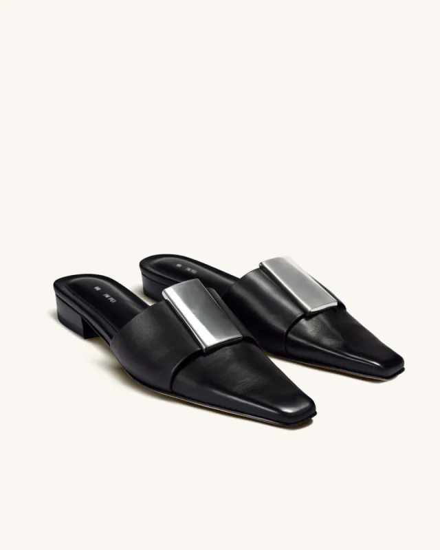 Bina Silver Hardware Mules- Black sold by JW PEI