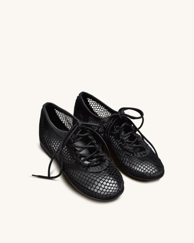 Greta Fishnet Lace-up Ballet Flats-Black sold by JW PEI