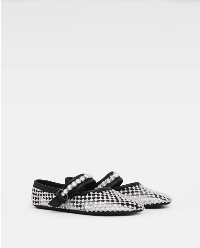 Kaiya Fishnet Crystal Ballerina Flats - White&Black sold by JW PEI