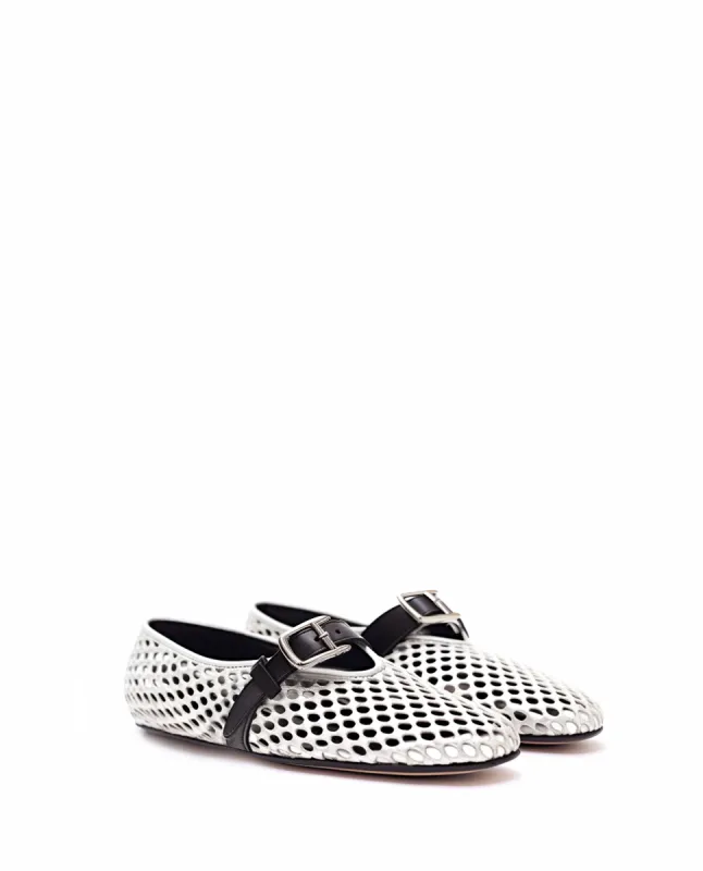 Kaiya Fishnet Ballerina Flats - White&Black sold by JW PEI