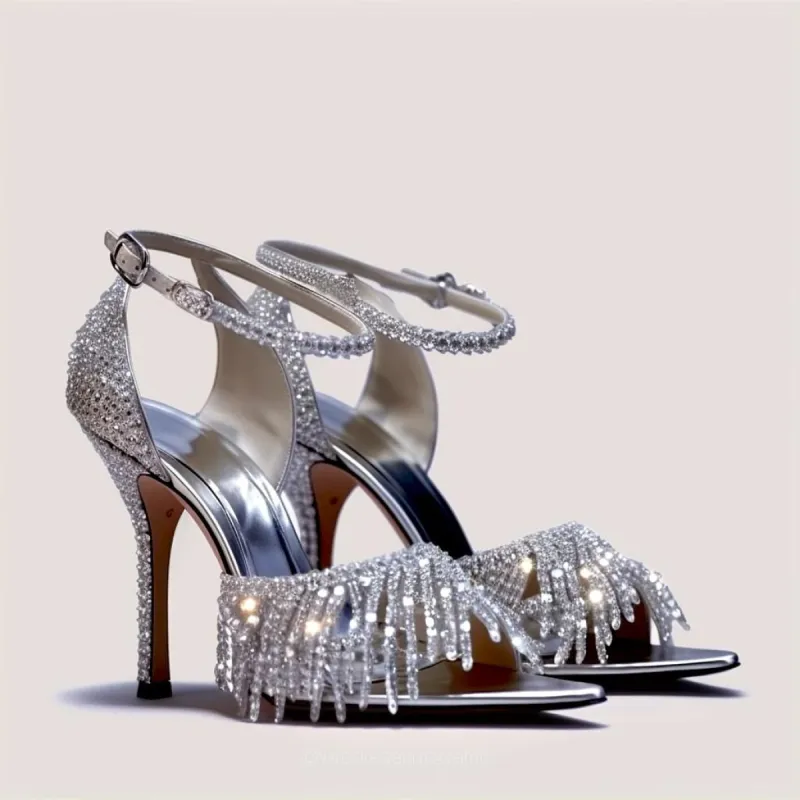 Zaria Artificial Crystal Strap Heel Sandals - Silver sold by JW PEI