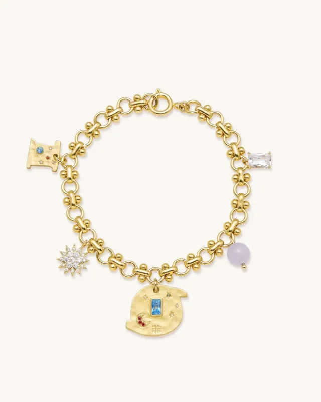 Cosmos Round Multi Charm Bracelet - 18ct Gold Plated & Multicolor Zircon & Purple Beads sold by JW PEI