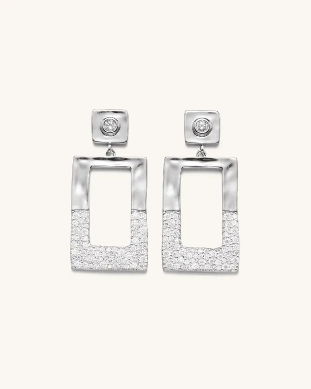 Geometrical Openwork Rectangle Earrings - 18ct White Gold Plated & White Zircon sold by JW PEI