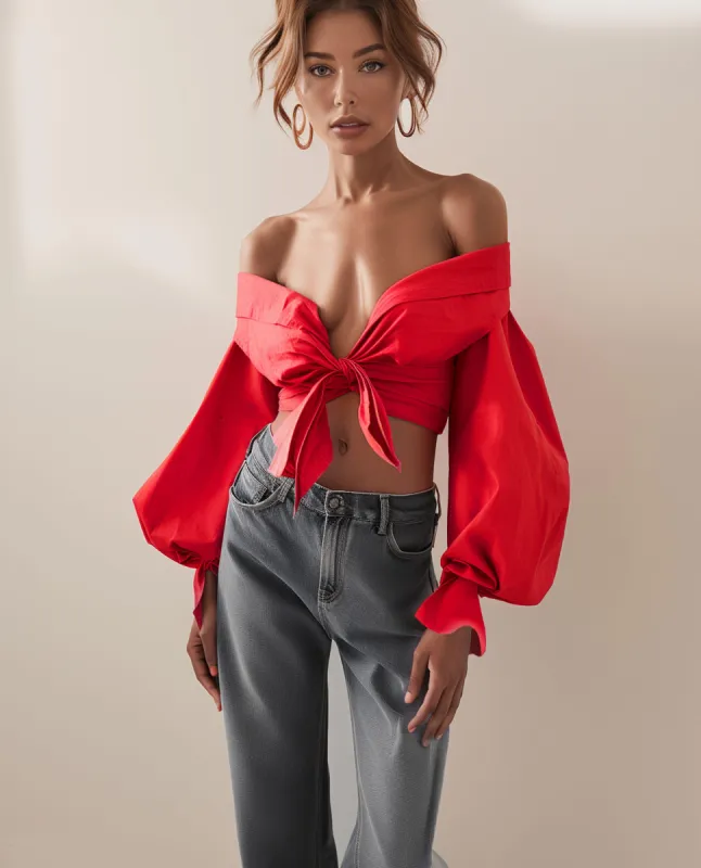 Red one- shoulder shirt sold by JW PEI