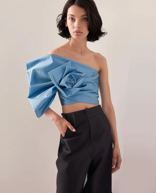Blue one-shoulder pleated top sold by JW PEI