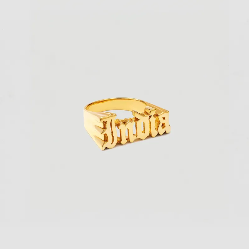 The Gothic Name Ring sold by The M Jewelers