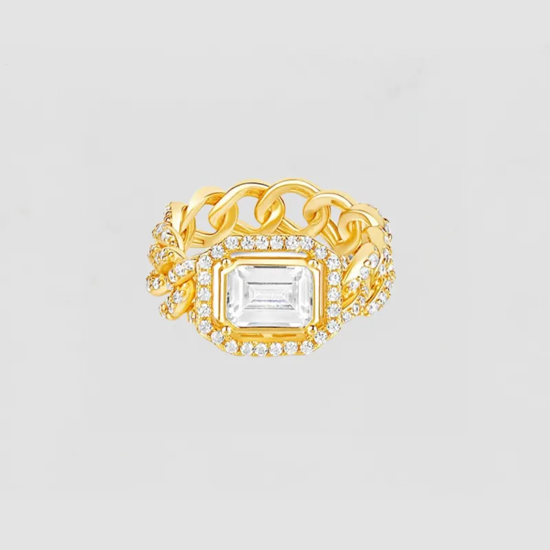 The Halo Colored Stone Cuban Link Chain Ring sold by The M Jewelers