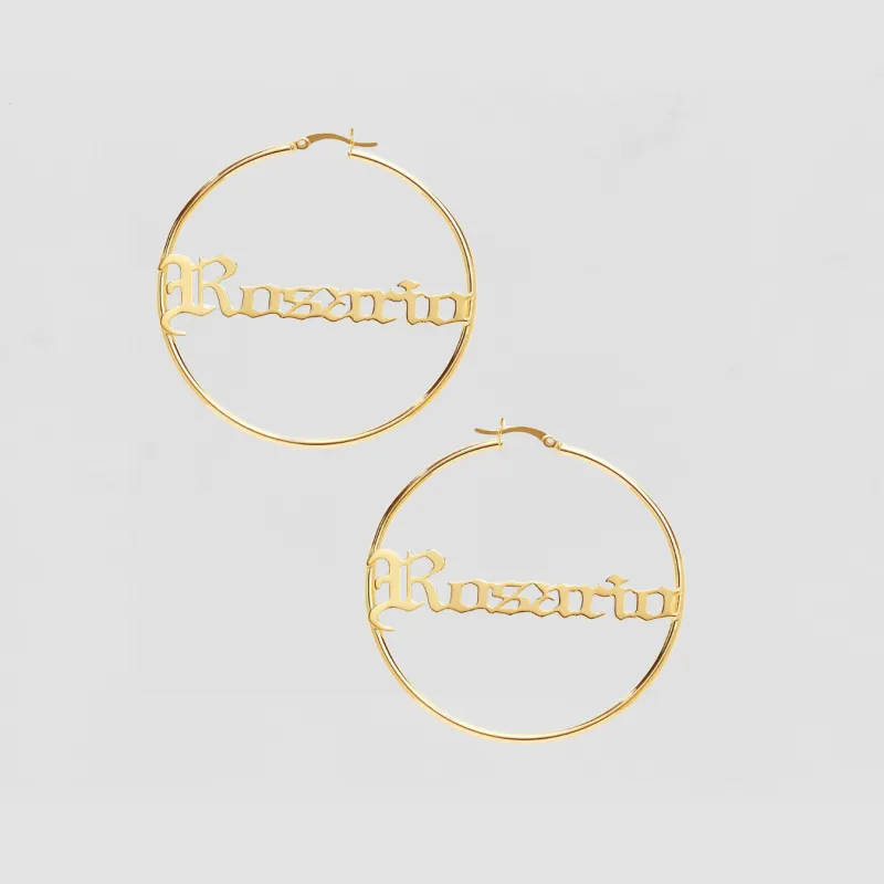 The Gothic Name Hoops sold by The M Jewelers