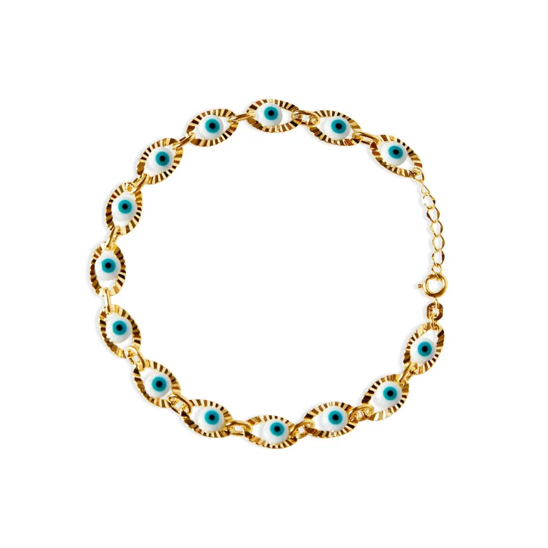 The White & Blue Evil Eye Ornate Bezel Anklet made by The M Jewelers
