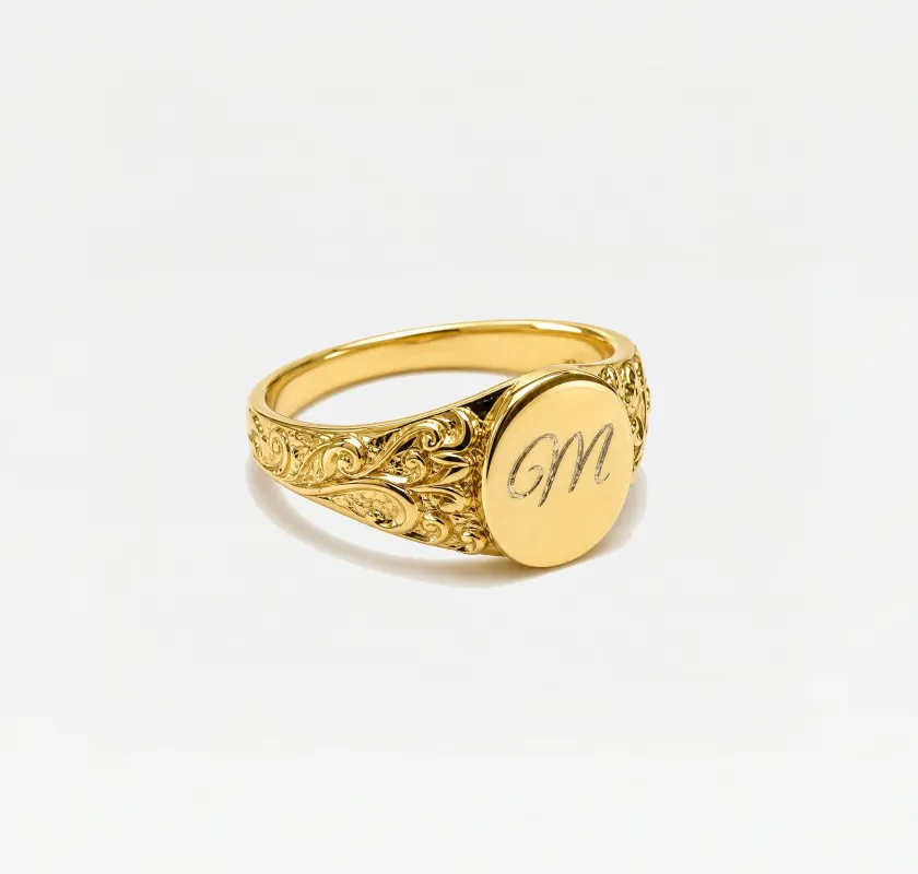 THE ORNATE SCRIPT ENGRAVED SIGNET RING made by The M Jewelers
