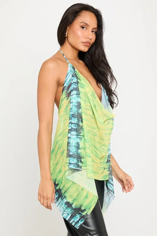 Green Multi Print Plunge Halter Neck Top sold by Nothingbutstyle
