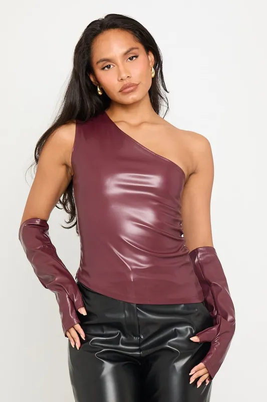 Wine Faux Leather Ruched One Shoulder Top With Sleeves sold by Nothingbutstyle