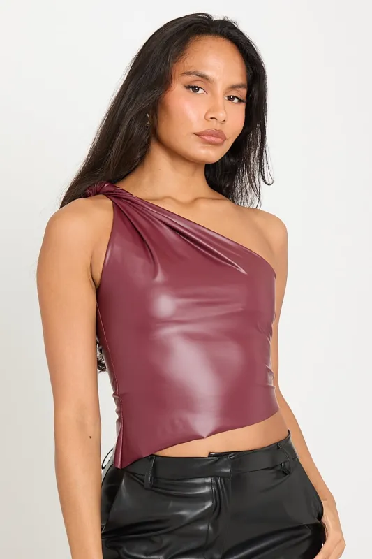 Wine Faux Leather Twist One Shoulder Top sold by Nothingbutstyle