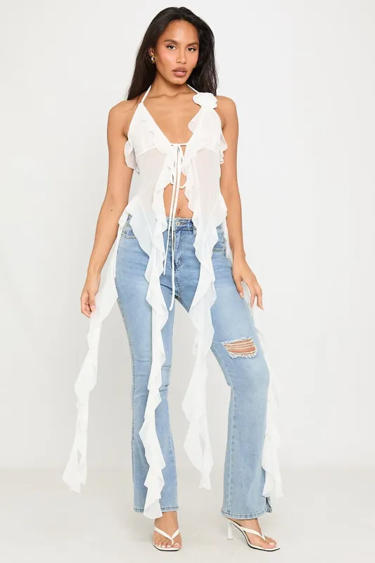 White Sheer Mesh Plunge Halter Neck Ruffle Top sold by Nothingbutstyle