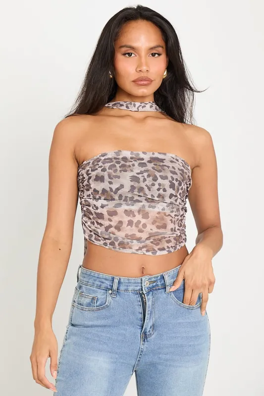 Leopard Print Ruched Bandeau Top With Scarf sold by Nothingbutstyle
