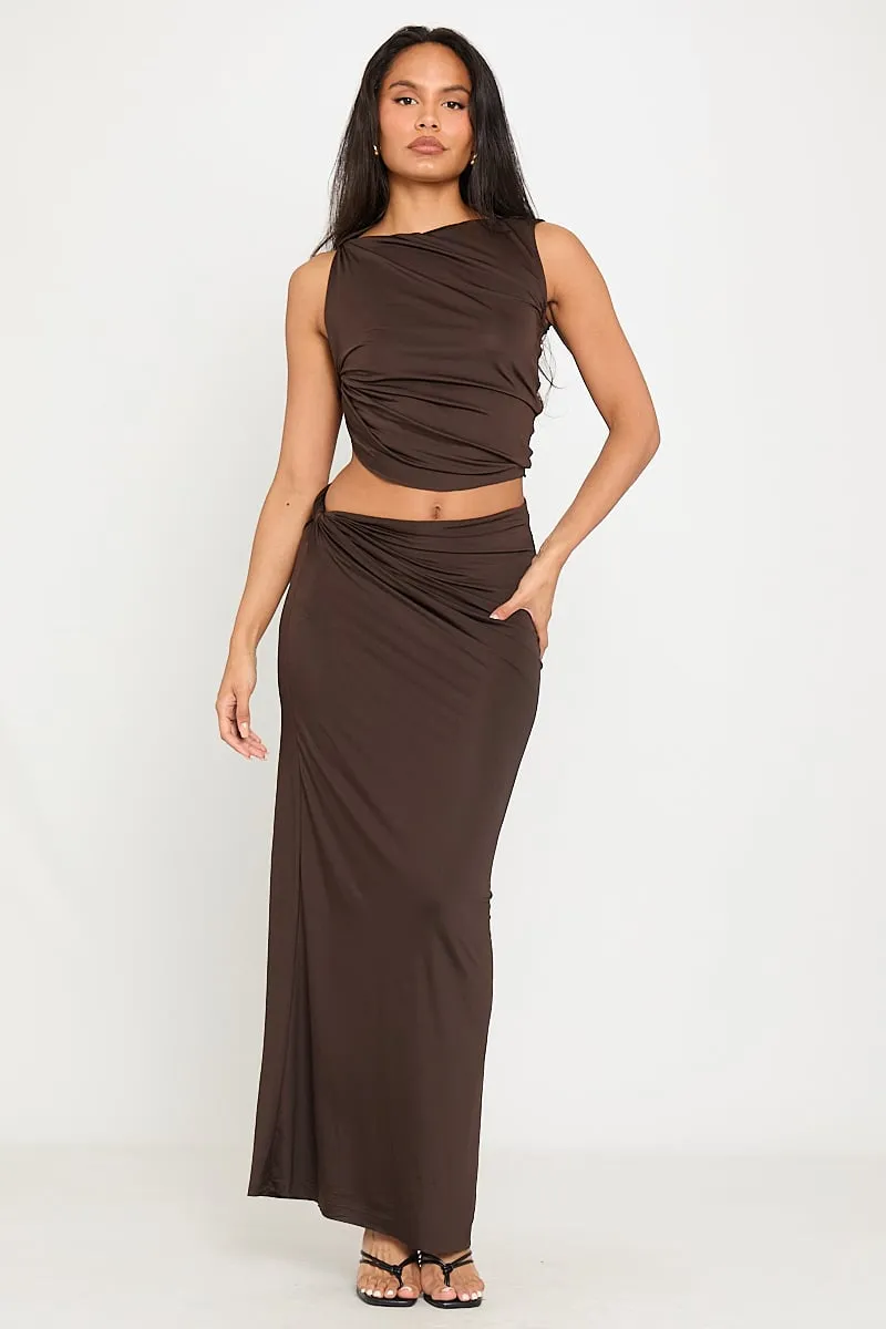 Brown Knotted Ruched Crop Top & Maxi Skirt Co-Ord sold by Nothingbutstyle