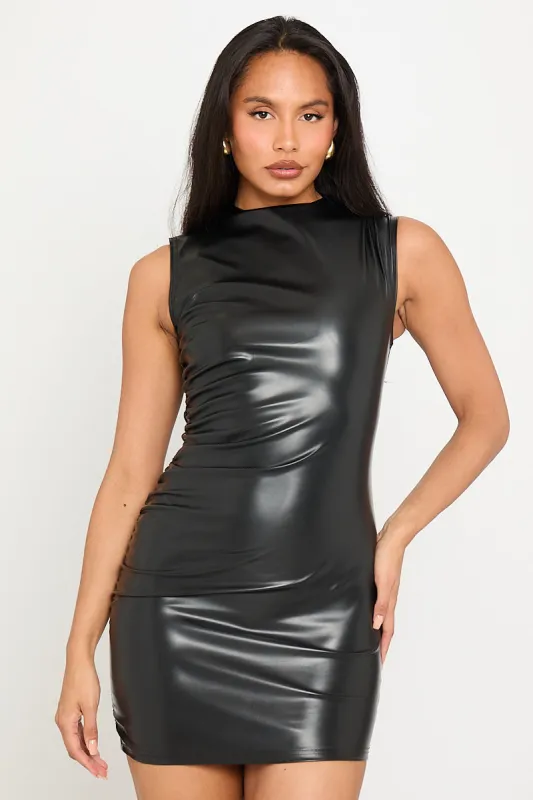 Black Faux Leather High Neck Ruched Mini Dress sold by Nothingbutstyle