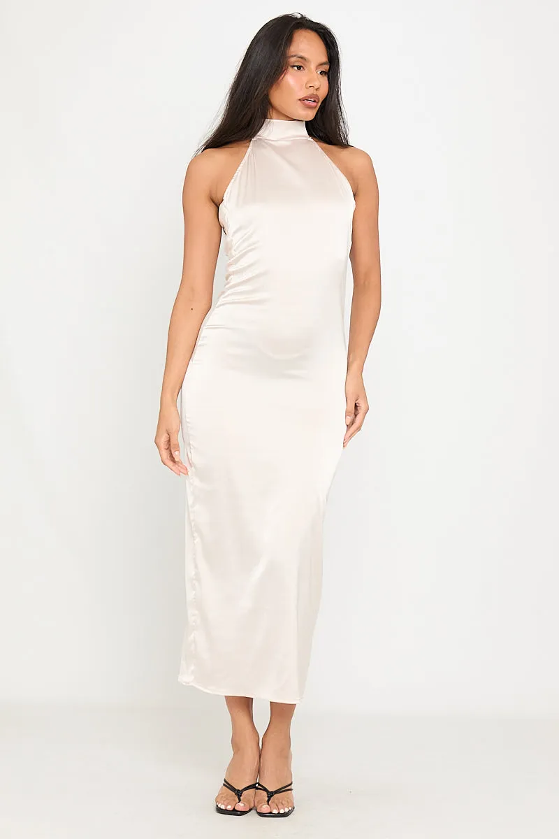 Champagne Satin High Neck Open Back Maxi Dress sold by Nothingbutstyle