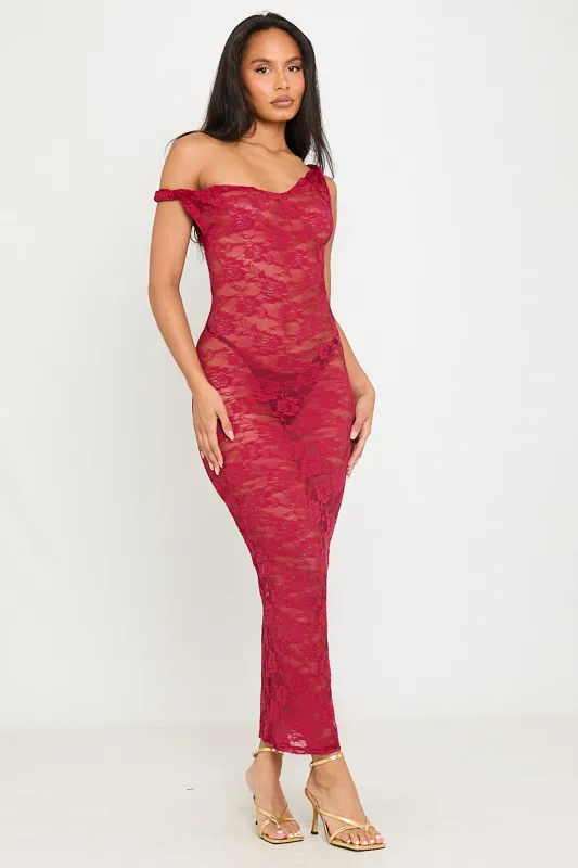 Wine Sheer Lace Twist Detail Asymmetric Maxi Dress sold by Nothingbutstyle