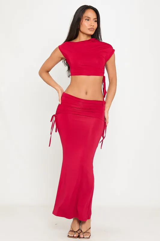Wine One Shoulder Ruched Crop Top & Fold Over Maxi Skirt sold by Nothingbutstyle