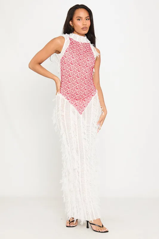 White & Red Sheer Shaggy Open Back Maxi Dress sold by Nothingbutstyle