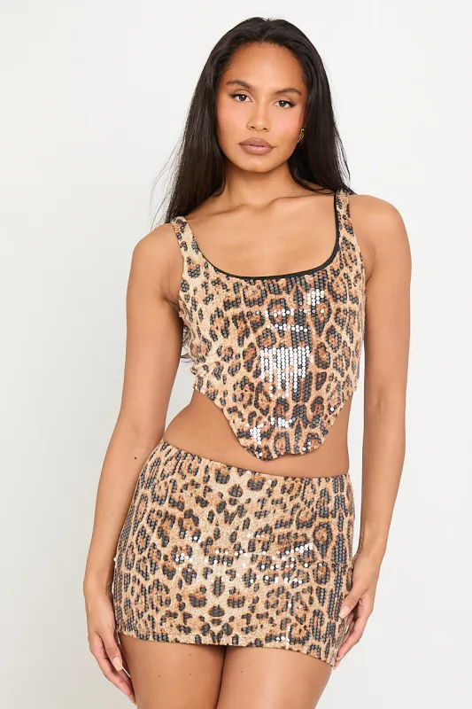 Leopard Sequin Corset Top & Mini Skirt Co-Ord sold by Nothingbutstyle