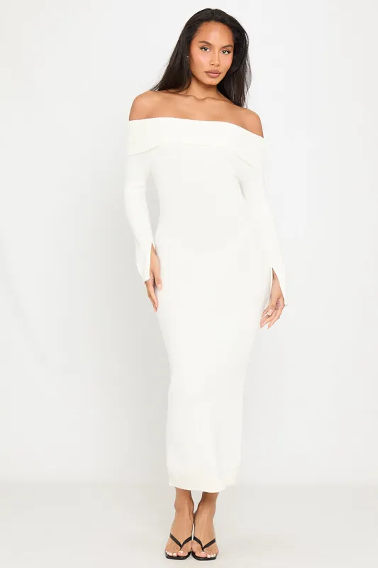 Cream Knitted Off Shoulder Long Sleeve Maxi Dress sold by Nothingbutstyle