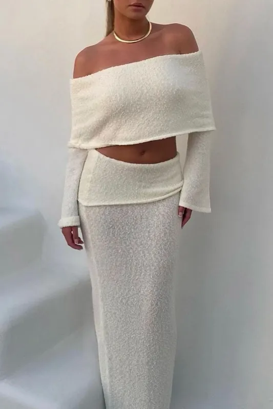 Ivory Knit Off Shoulder Boucle Top & Maxi Skirt Co-Ord sold by Nothingbutstyle