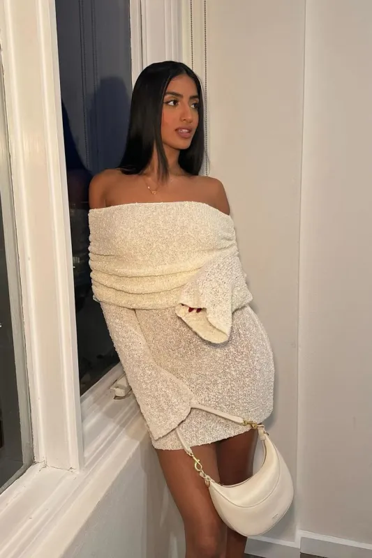 Ivory Knit Off Shoulder Boucle Mini Dress sold by Nothingbutstyle