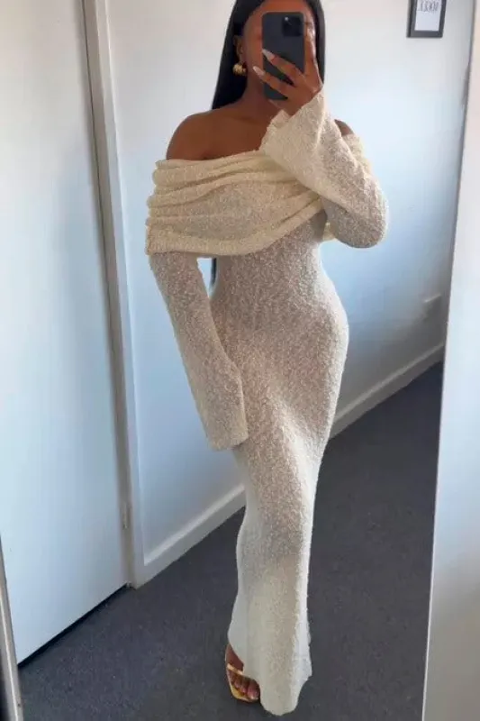 Ivory Knit Off Shoulder Boucle Maxi Dress sold by Nothingbutstyle