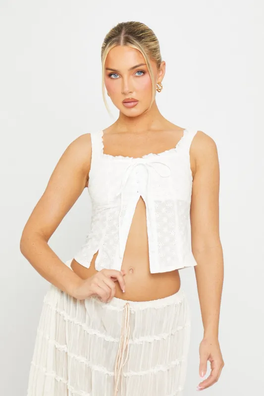 White Floral Embroidered Tie Front Top sold by Nothingbutstyle