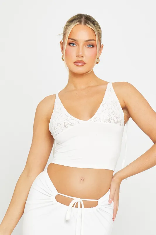 White Lace Plunge Shoulder Tie Crop Top sold by Nothingbutstyle