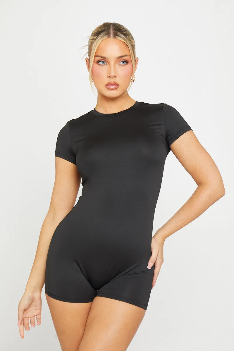 Black Seamless Short Sleeve Playsuit sold by Nothingbutstyle