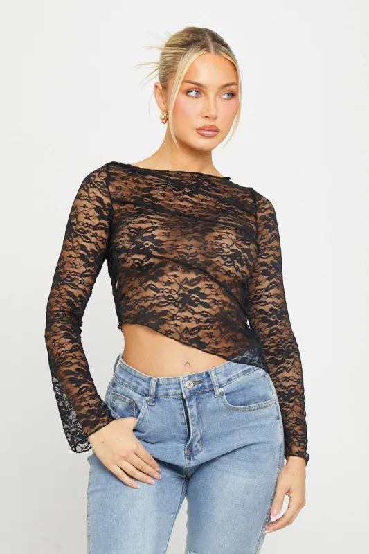 Black Sheer Lace Asymmetric Long Sleeve Top sold by Nothingbutstyle