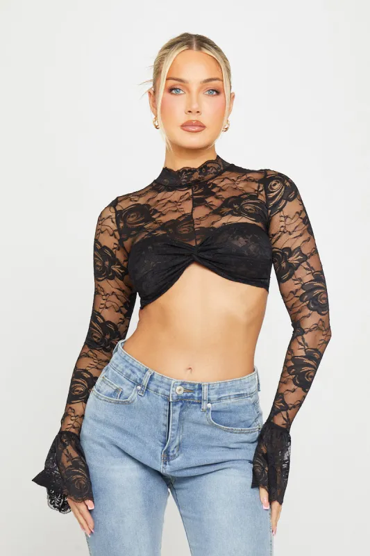 Black Floral Lace High Neck Twist Front Crop Top sold by Nothingbutstyle