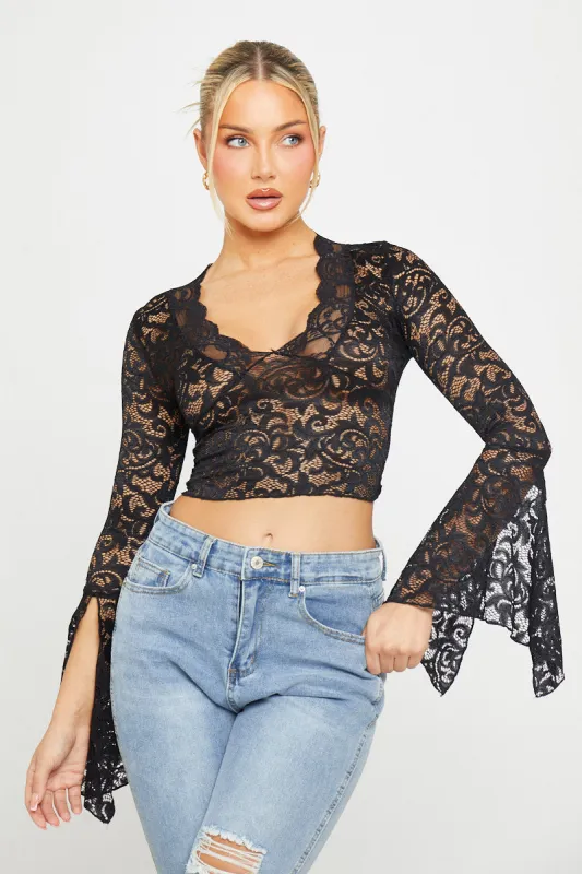 Black Sheer Lace Plunge Flared Sleeve Crop Top sold by Nothingbutstyle