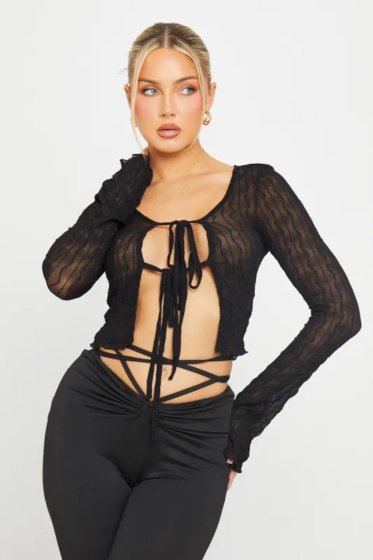 Black Sheer Ruffle Detail Tie Front Long Sleeve Top sold by Nothingbutstyle