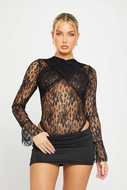 Black Lace Ruched Front Flare Sleeve Bodysuit sold by Nothingbutstyle