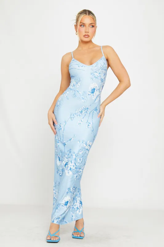 Blue Floral Print Strappy Plunge Maxi Dress sold by Nothingbutstyle