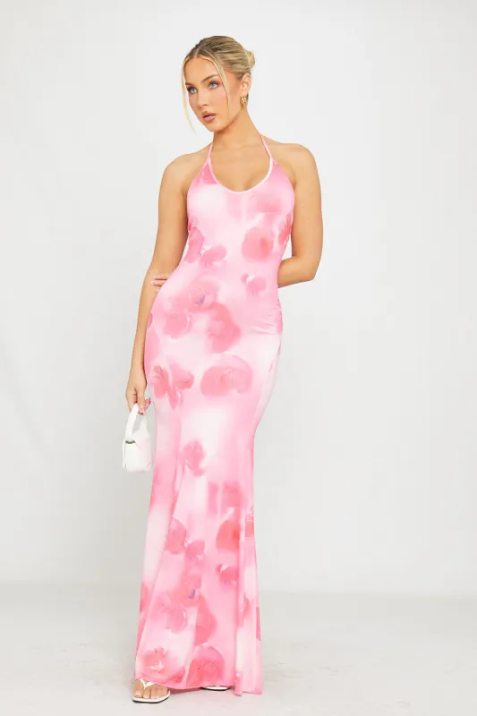 Pink Floral Print Halterneck Open Back Maxi Dress sold by Nothingbutstyle