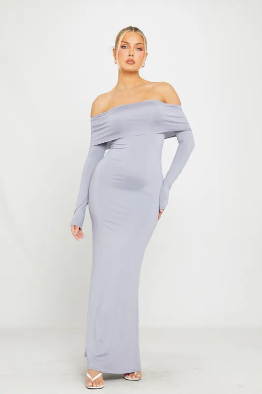 Grey Off Shoulder Fold Over Long Sleeve Maxi Dress sold by Nothingbutstyle