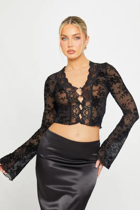 Black Sheer Floral Plunge Flared Sleeve Top sold by Nothingbutstyle